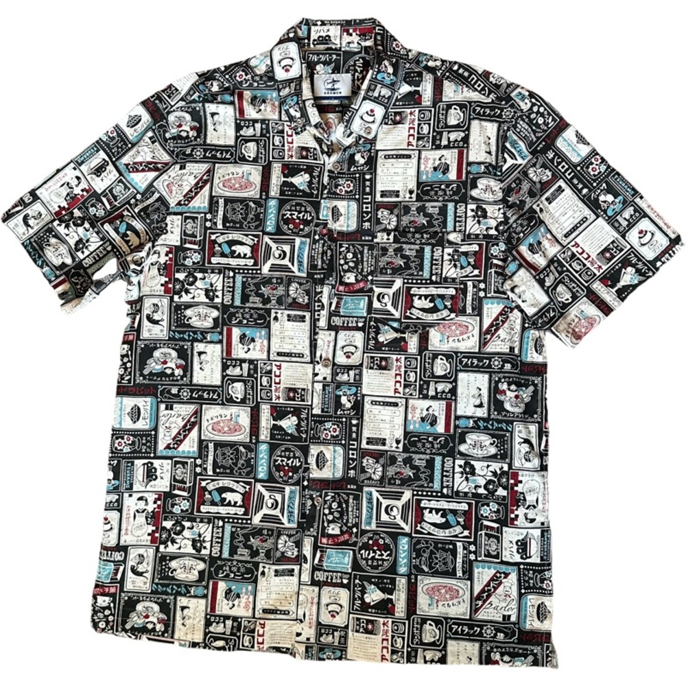 Oromen Vintage-Inspired Japanese Diner Print Short Sleeve Button-Up Shirt